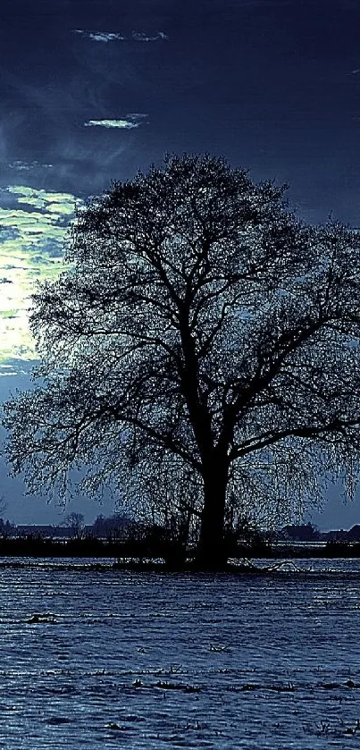 Serene moonlit landscape with a solitary tree, perfect for mobile wallpaper.