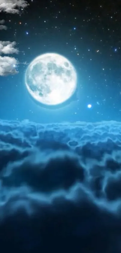 Blue night sky with full moon and clouds creating a tranquil wallpaper.