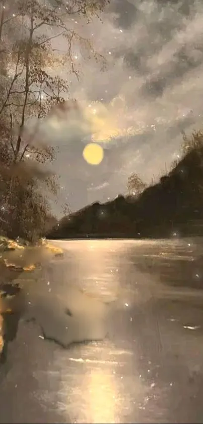 A tranquil night river scene with moonlight and stars reflecting in the water.