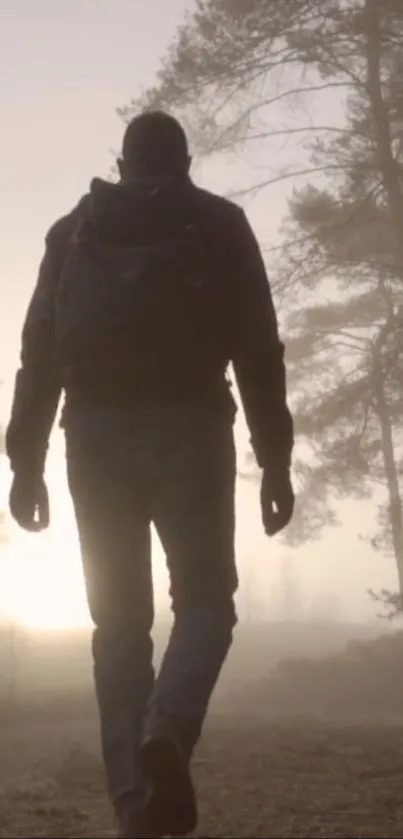 Silhouette of a person walking through a misty forest at sunrise.