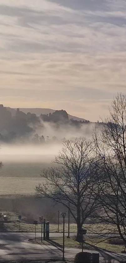 Misty morning landscape with trees and fog under a blue sky.