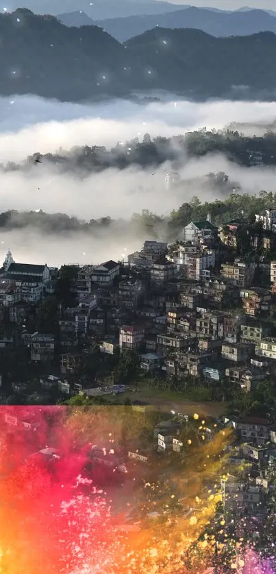 Misty mountain cityscape with colorful splashes.