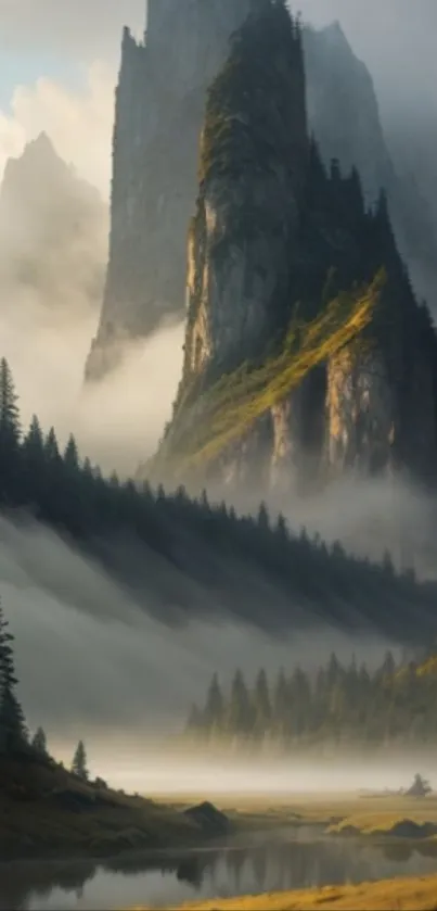 Misty mountain landscape with forest and valley.