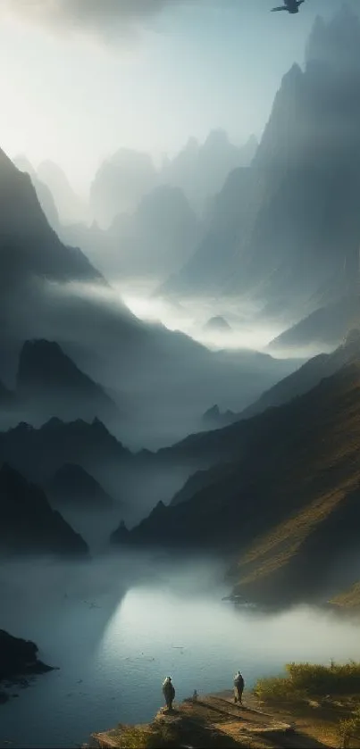 Misty mountain landscape with a serene valley and flying bird.
