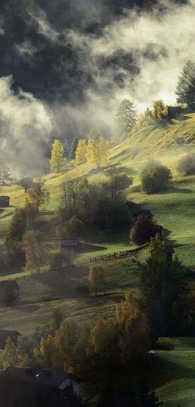 Misty mountain landscape with lush greenery and soft light.