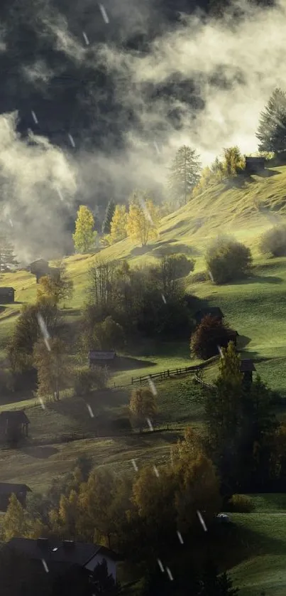 Misty mountain landscape with green hills and trees in morning light.
