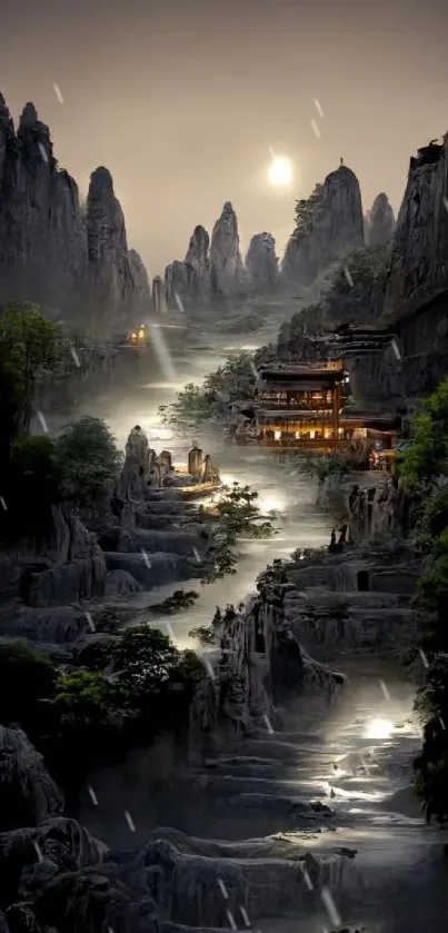 Misty mountain landscape with traditional Chinese architecture and greenery.