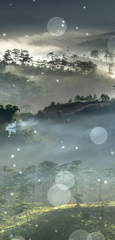 Misty mountain landscape with fog shrouding the valleys and soft light filtering through trees.