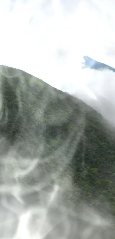 Misty mountain peak with green forest and cloudy sky background.