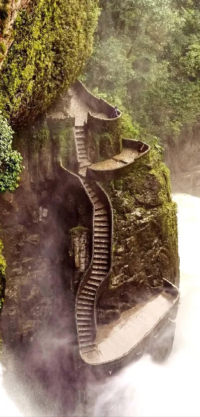 Misty stairs winding through lush mountain greenery, enveloped in fog.