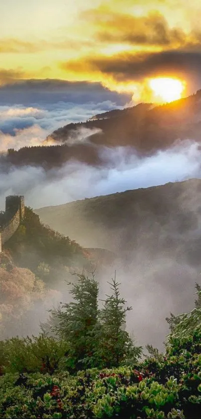 Misty mountain sunrise with ancient wall in lush green landscape