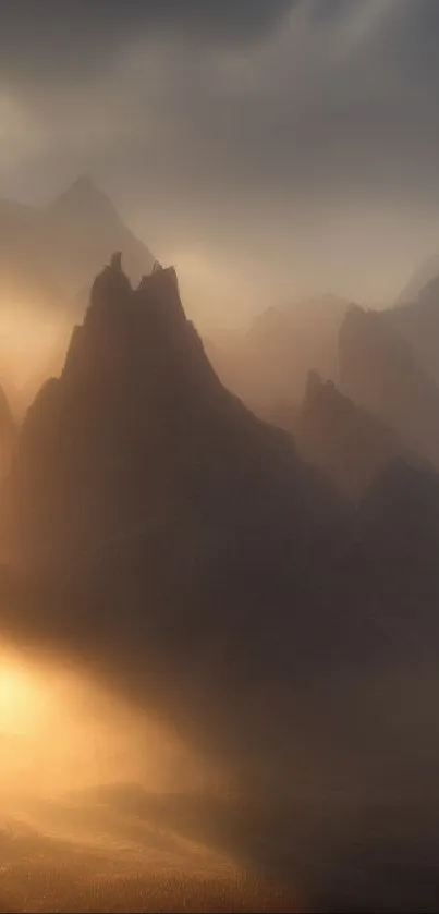 Misty mountain landscape with golden sunrise rays.