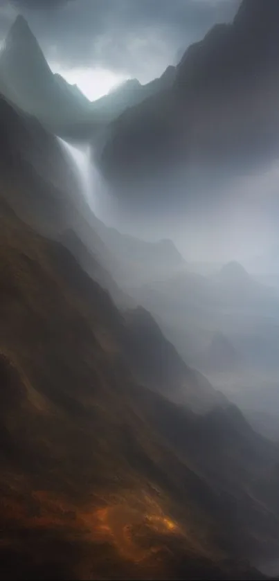 Misty mountain valley with a dramatic, atmospheric landscape.