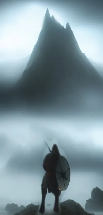 Silhouette of warrior before misty mountain peak.