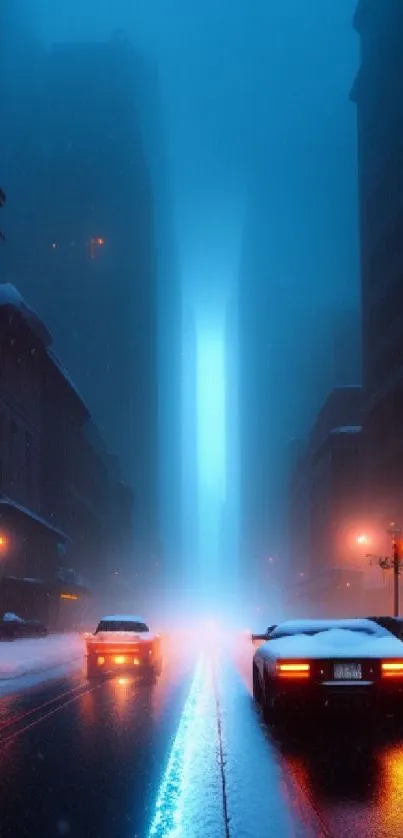 Misty city street with lights and snow-covered road at night.