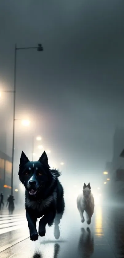 Dogs running through a misty urban street at night.