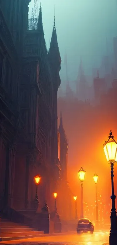 Misty street with glowing lamps and urban ambiance.