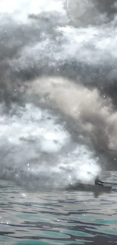 Boat in misty ocean beneath cloudy sky.