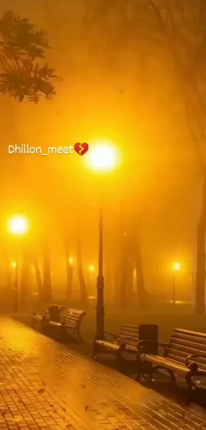 Misty park with glowing streetlights and benches at night.