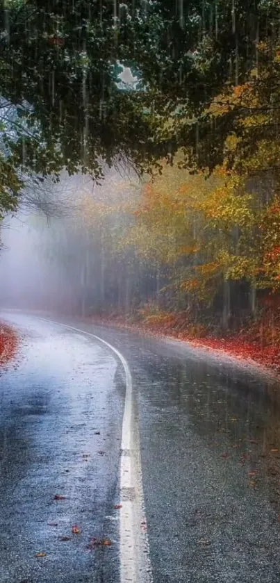 A winding road through a misty autumn forest with vibrant leaves and rain.