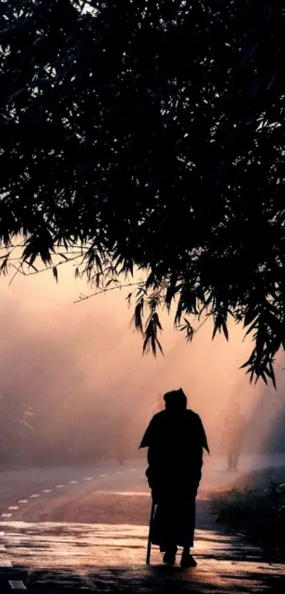 Silhouette walking on a misty road at dawn under trees.