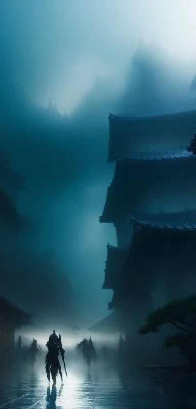 Samurai walking in a misty night village with traditional buildings.