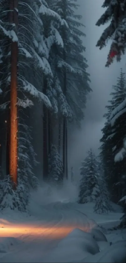 Misty forest pathway with snow-covered trees.