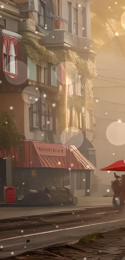 Misty street scene with red umbrella and charming buildings.