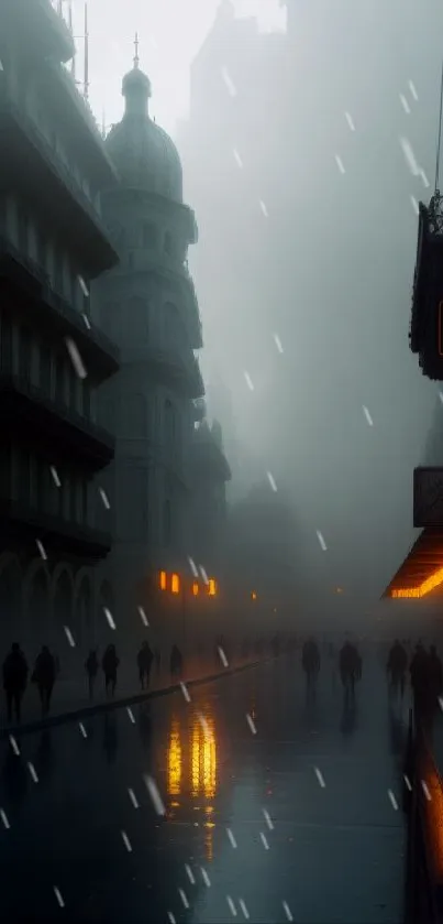 Moody misty street with glowing lights and silhouettes.