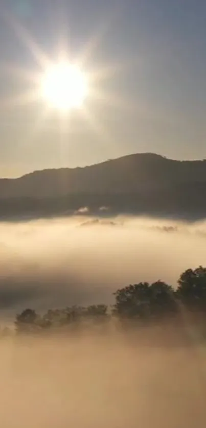 Misty sunrise over mountains with a glowing sun.