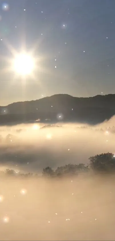 Sunrise over misty mountains with glowing sky.