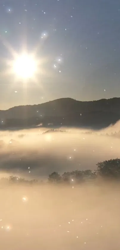 Sunrise over misty mountains with golden light.