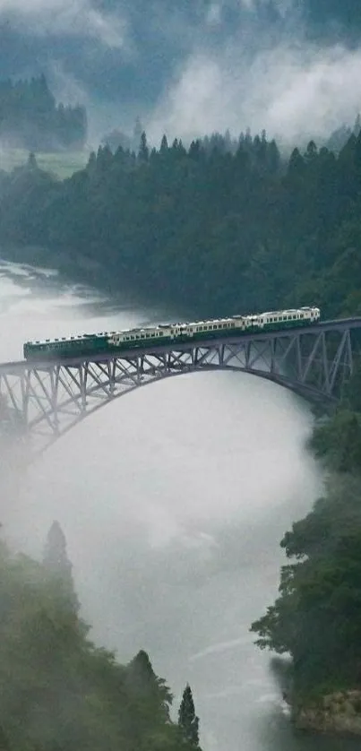 Train crossing a misty bridge over a serene river in a lush green forest.