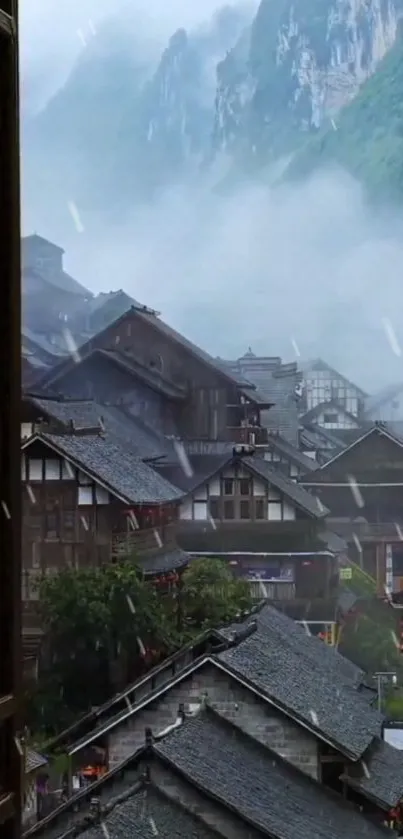 Misty village nestled in lush mountains, capturing serene natural beauty.