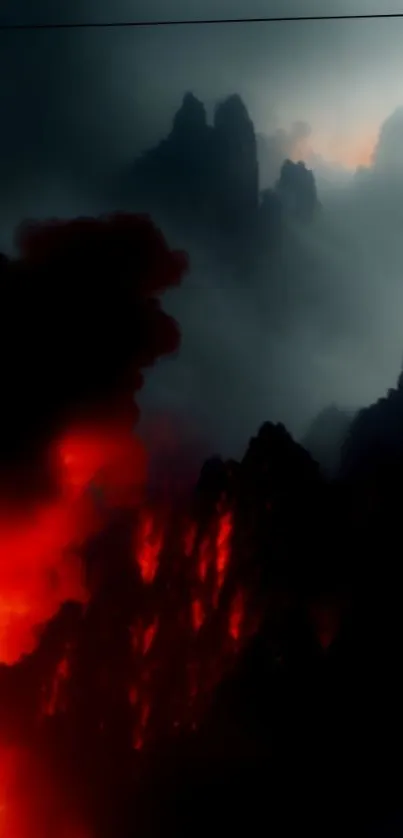 Misty volcanic scene with fiery lava clouds.