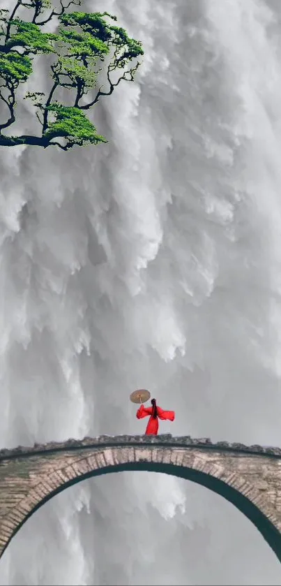 Misty waterfall with a person in red on a stone bridge.