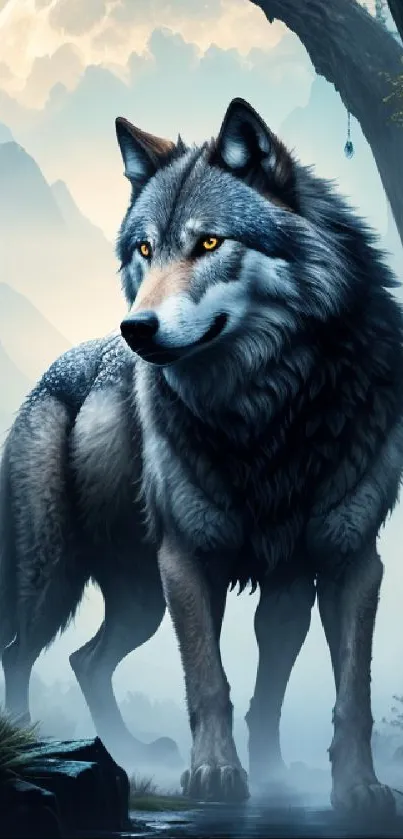 Majestic wolf stands in moonlit misty forest.