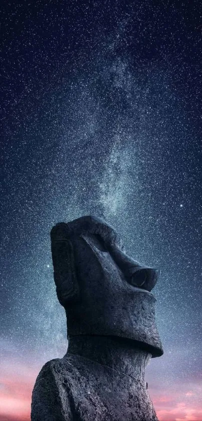 Moai statue beneath a starry night sky with visible galaxy.