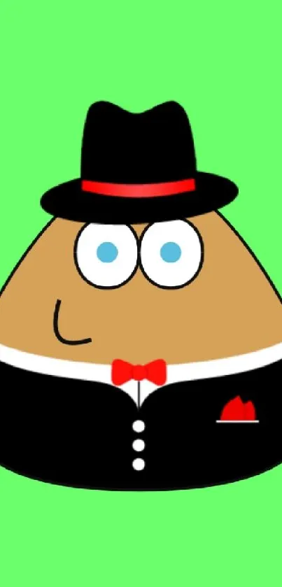 Illustrated character in tuxedo on green background