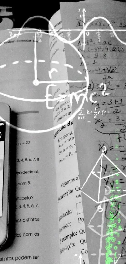 Black and white wallpaper with smartphone and math notes for study focus.