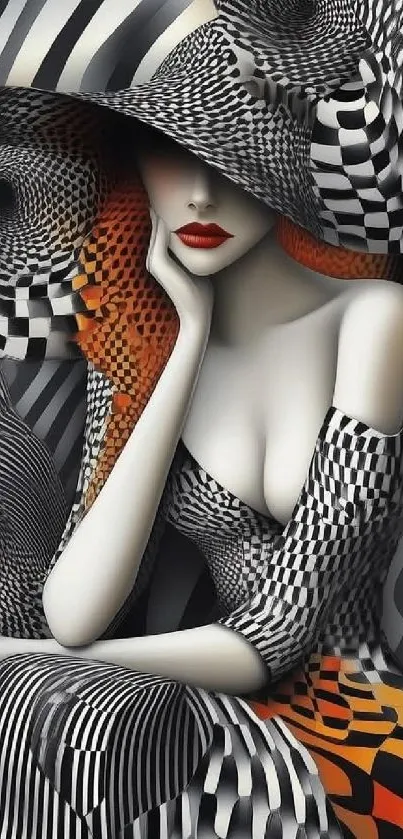 Abstract fashion art with bold patterns and contrasts.