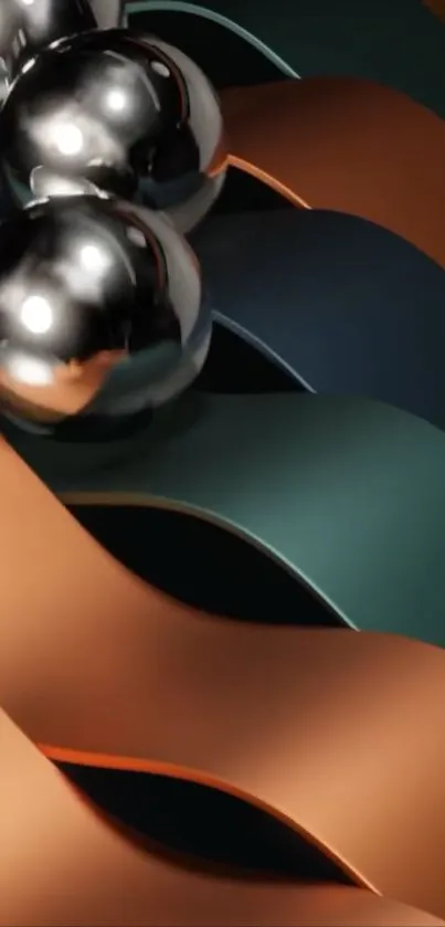 Abstract wallpaper with metallic spheres and dynamic curves.
