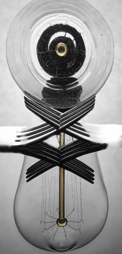 Abstract art wallpaper with light bulb and reflective forks.