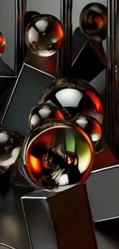 Abstract wallpaper with metallic spheres and reflections.