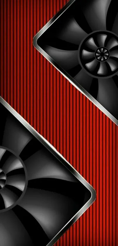 Modern tech wallpaper with dynamic fans on red background.