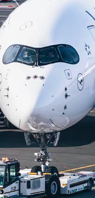 Close-up of an airplane on tarmac with towing vehicle.