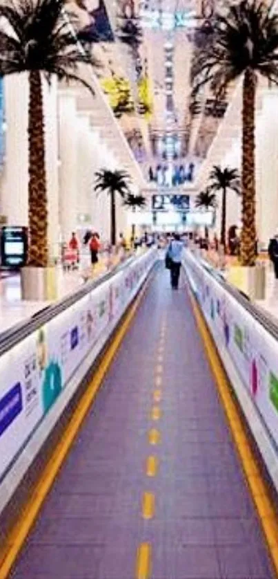 Bustling airport walkway with palm trees and vibrant colors.