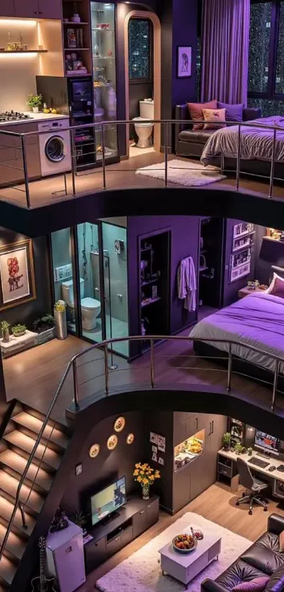 Luxurious modern apartment interior with vibrant decor and lighting.