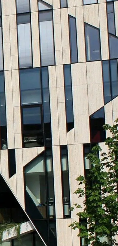 Modern building facade with geometric patterns and sleek vertical lines.