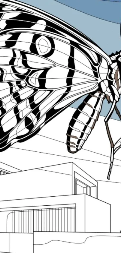 Artistic butterfly and modern architecture wallpaper design.